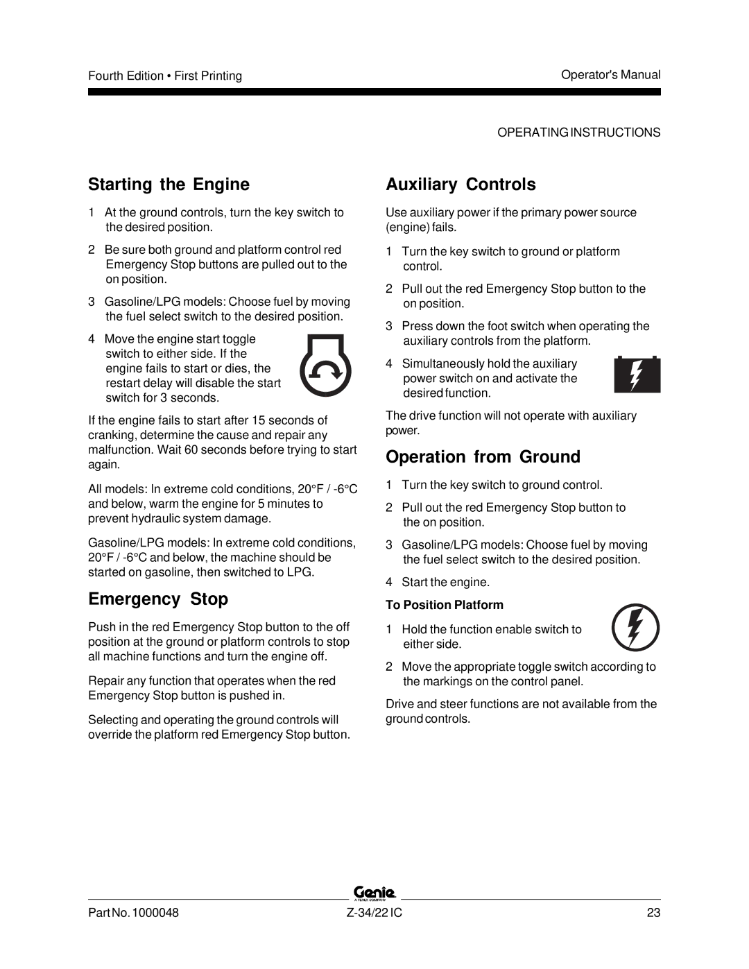 Genie Z-34, Z-22IC Starting the Engine, Emergency Stop, Auxiliary Controls, Operation from Ground, To Position Platform 