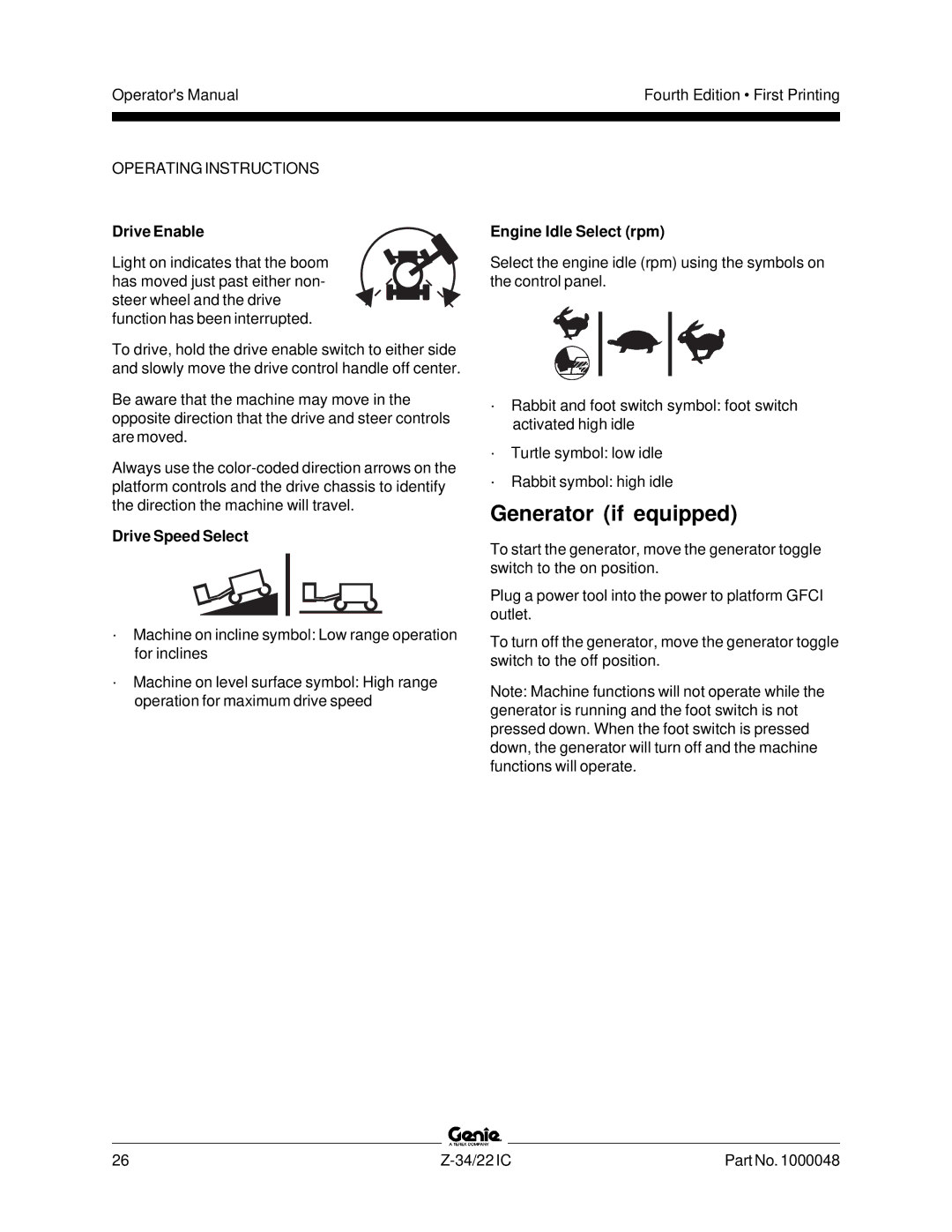 Genie Z-34, Z-22IC manual Generator if equipped, Drive Enable, Drive Speed Select, Engine Idle Select rpm 