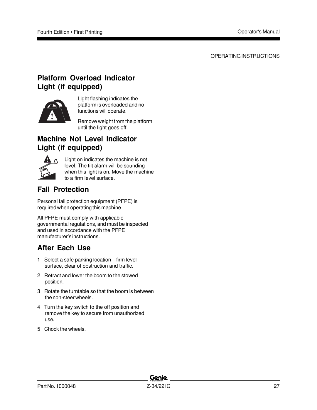 Genie Z-34, Z-22IC manual Platform Overload Indicator Light if equipped, Machine Not Level Indicator Light if equipped 