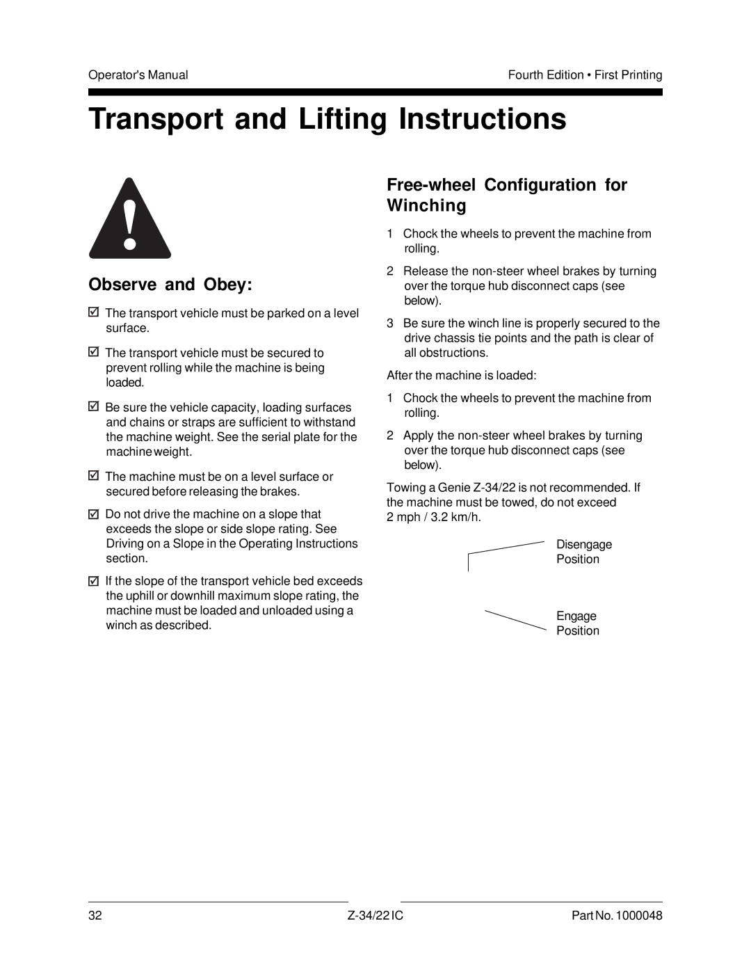 Genie Z-34, Z-22IC manual Transport and Lifting Instructions, Free-wheel Configuration for Winching 