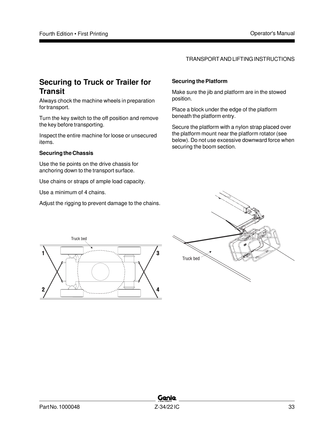 Genie Z-34, Z-22IC manual Securing to Truck or Trailer for Transit, Securing the Chassis, Securing the Platform 