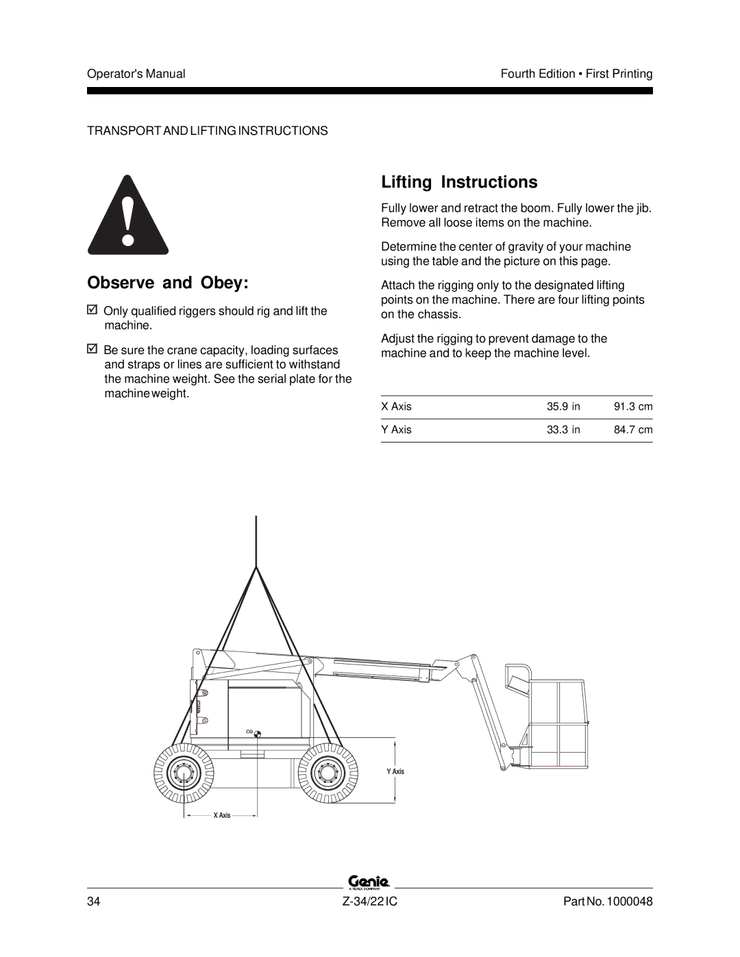 Genie Z-34, Z-22IC manual Lifting Instructions 