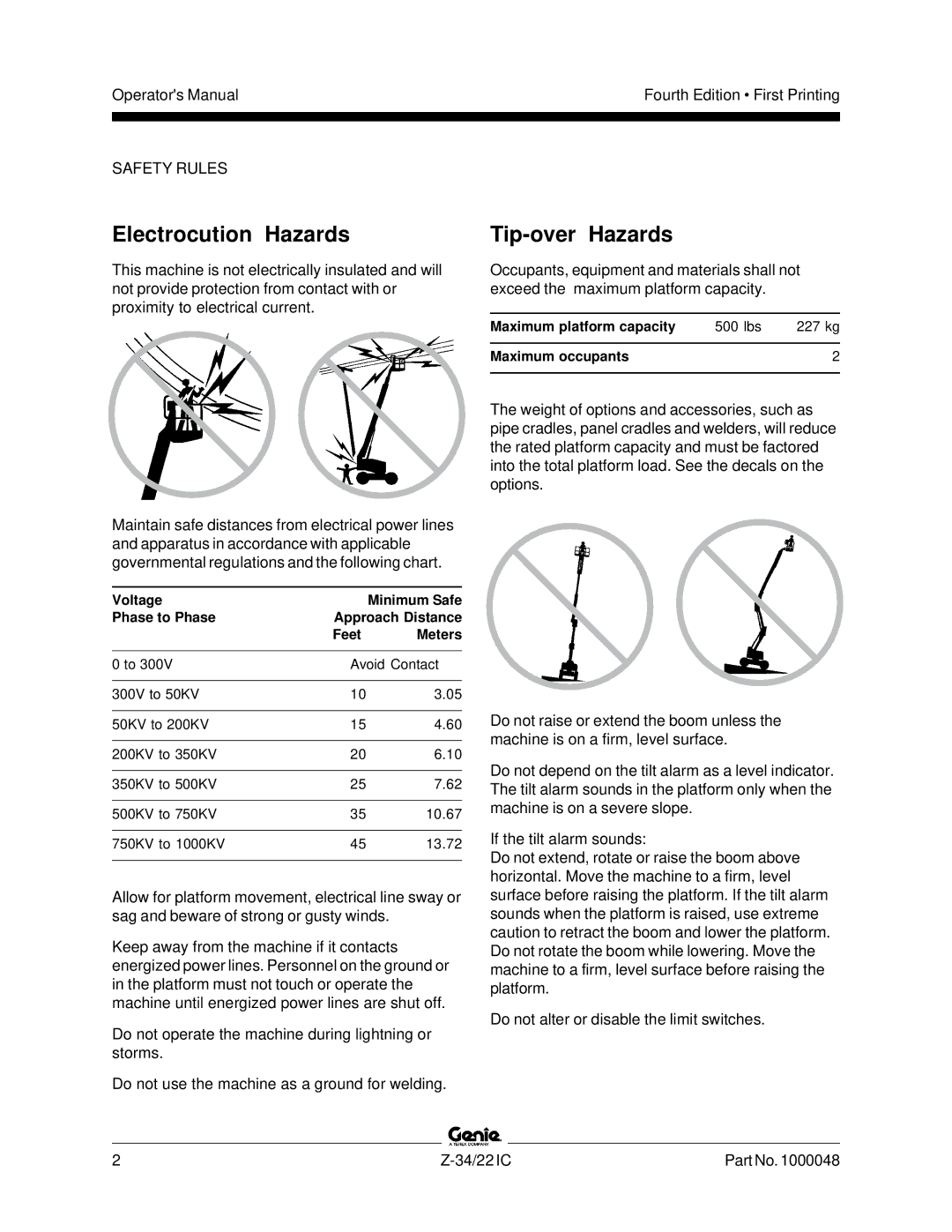 Genie Z-34, Z-22IC manual Electrocution Hazards, Tip-over Hazards 