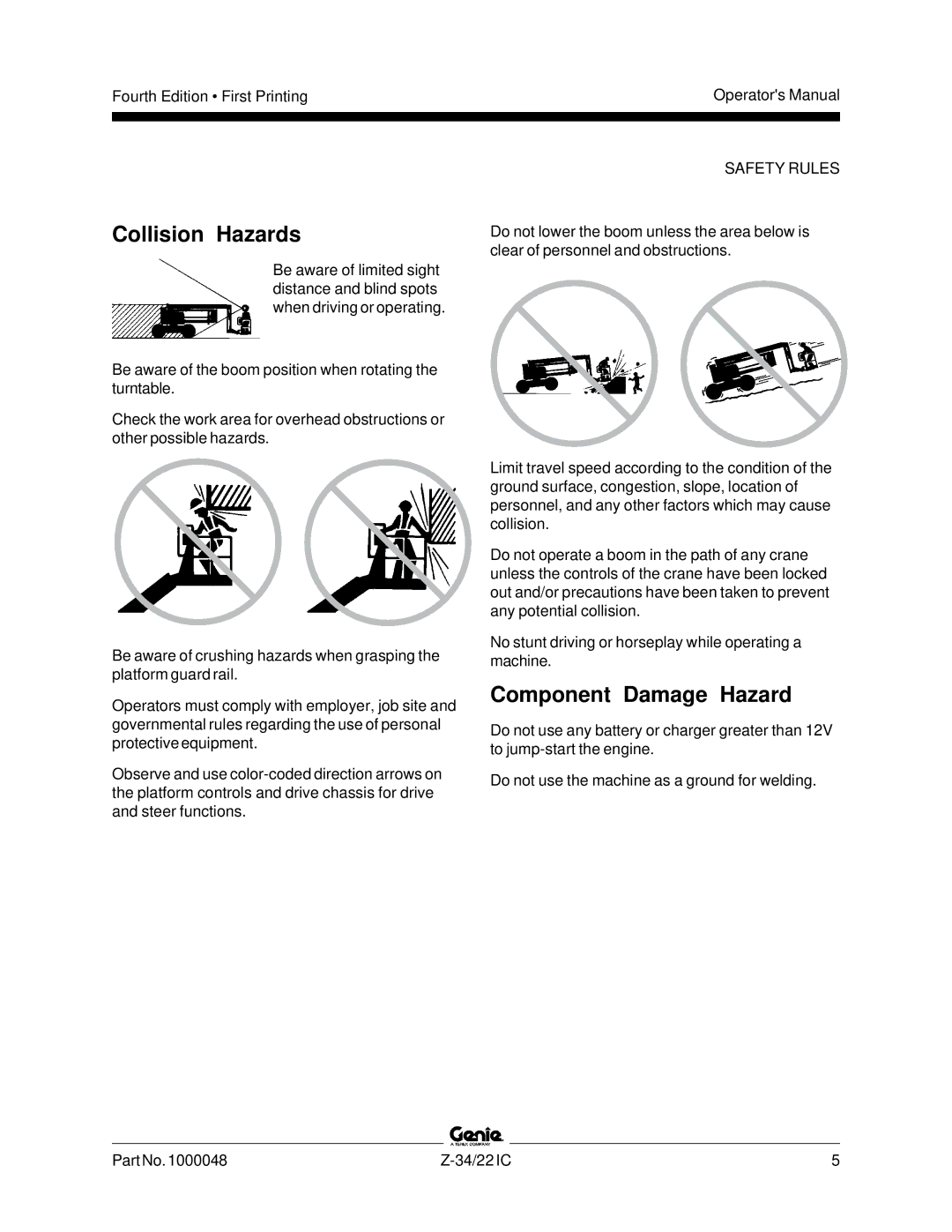 Genie Z-34, Z-22IC manual Collision Hazards, Component Damage Hazard 