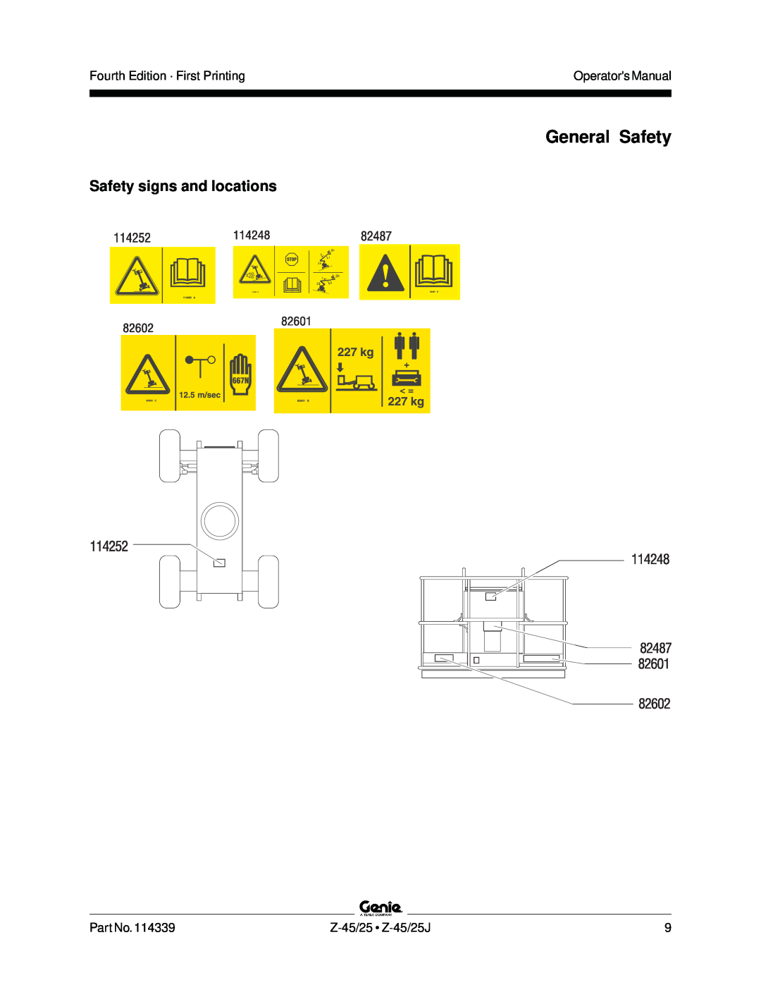 Genie Z-45, Z-25J manual General Safety, Safety signs and locations, Fourth Edition · First Printing, Operators Manual 