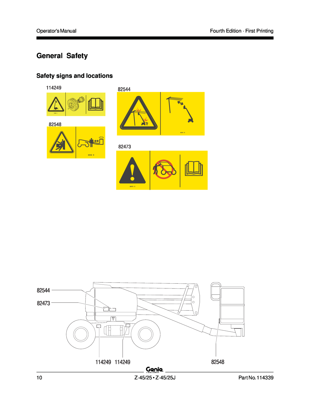 Genie Z-45, Z-25 manual General Safety, Safety signs and locations, Operators Manual, Fourth Edition · First Printing 