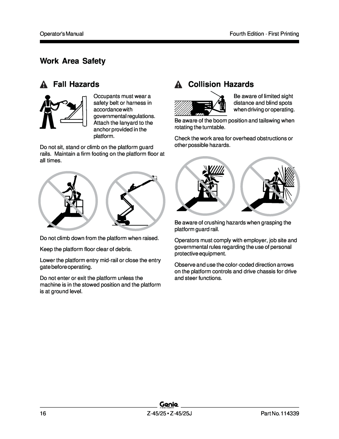Genie Z-45, Z-25J manual Fall Hazards, Collision Hazards, Work Area Safety 