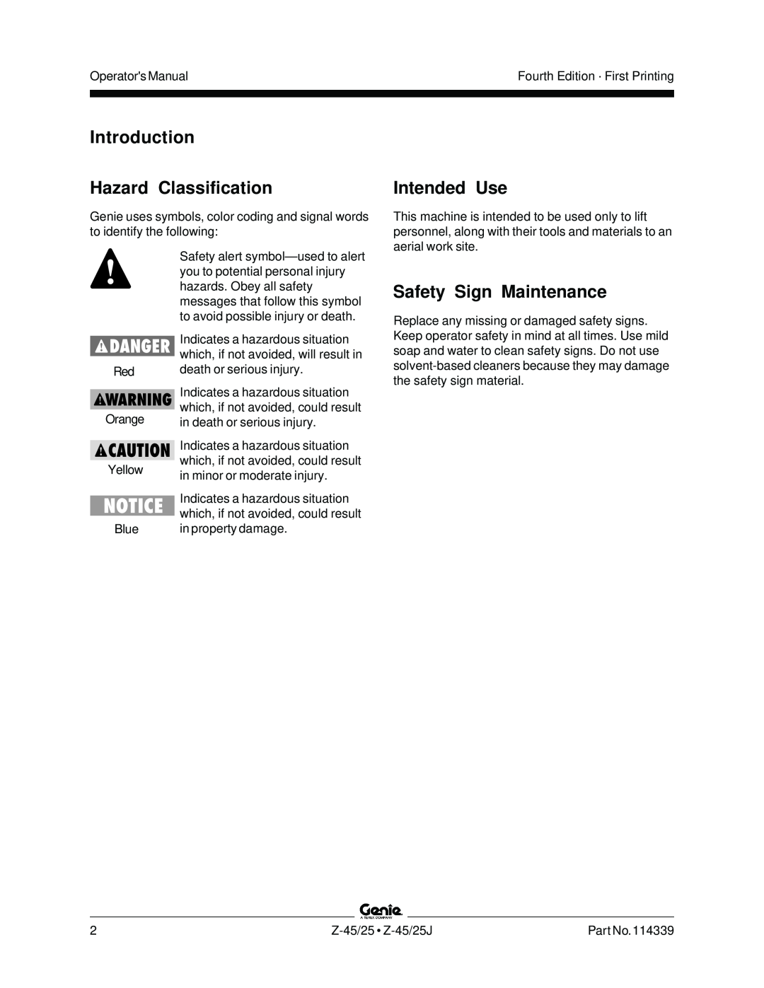 Genie Z-45, Z-25J manual Introduction Hazard Classification, Intended Use, Safety Sign Maintenance 