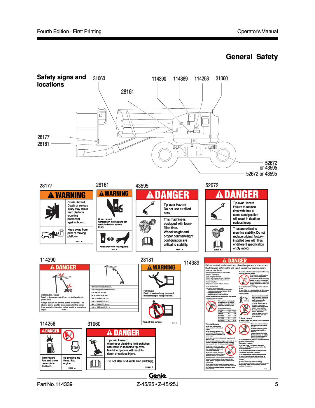 Genie Z-45, Z-25J manual General Safety, Safety signs and locations 