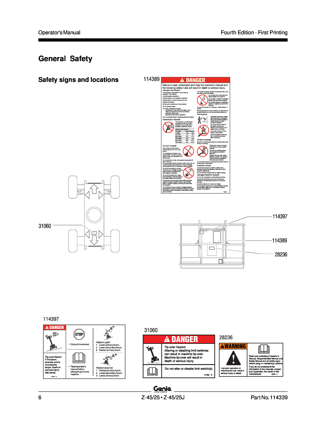 Genie Z-45, Z-25 manual General Safety, Safety signs and locations, Operators Manual, Fourth Edition · First Printing 