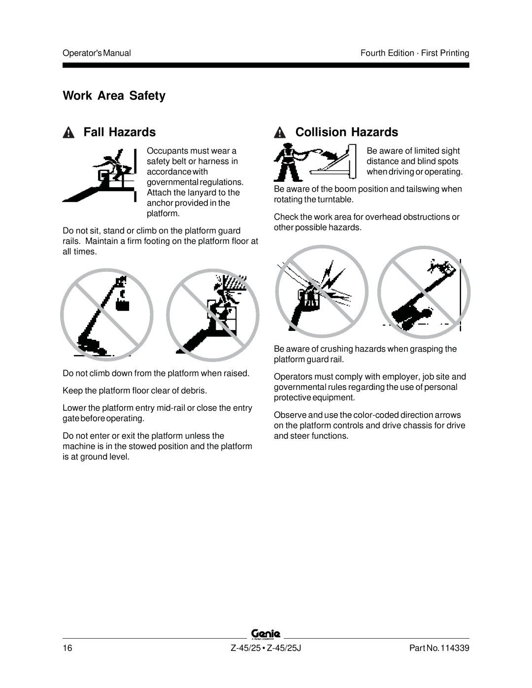 Genie Z-45, Z-25J manual Work Area Safety Fall Hazards, Collision Hazards 