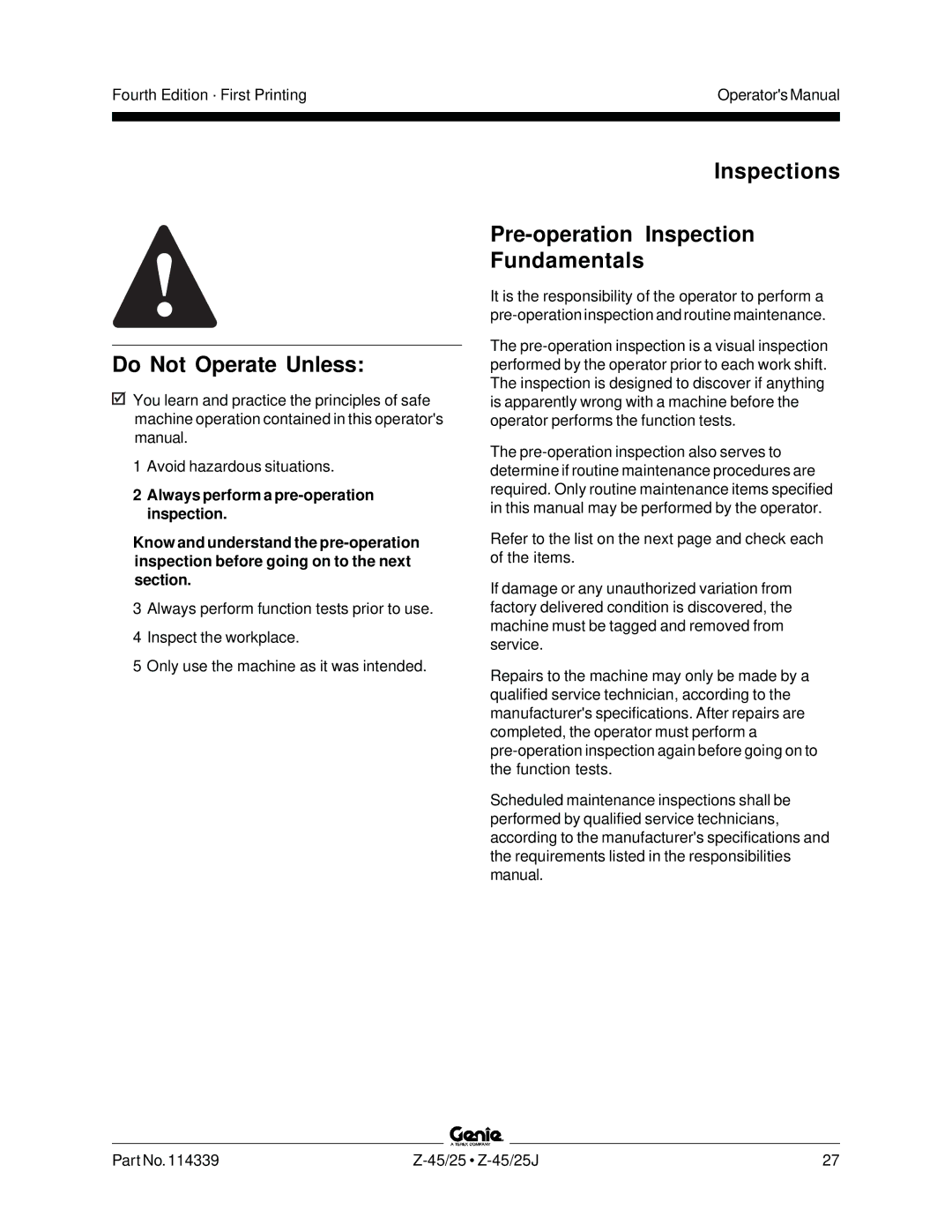 Genie Z-45, Z-25J manual Do Not Operate Unless, Inspections Pre-operation Inspection Fundamentals 