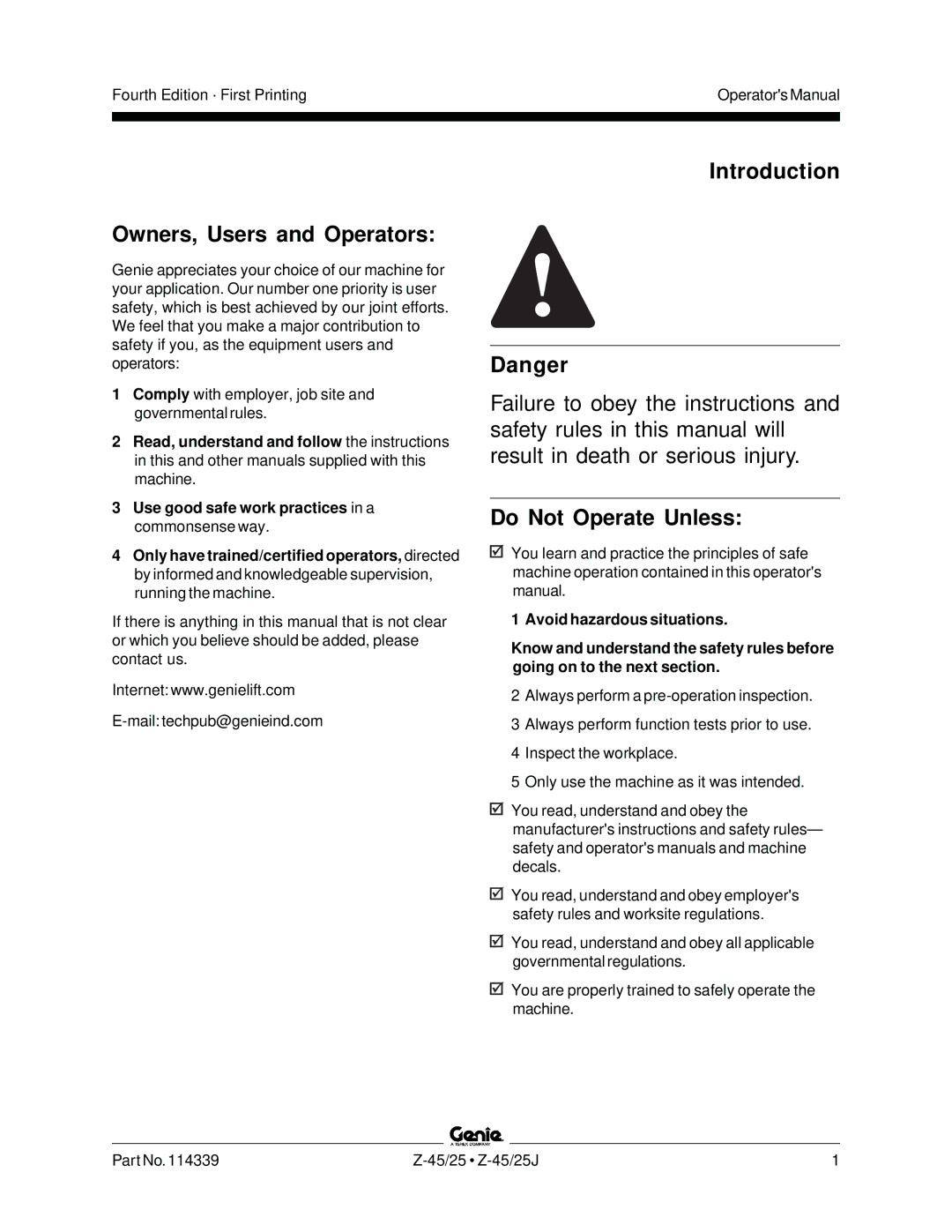 Genie Z-45, Z-25J manual Owners, Users and Operators, Introduction, Do Not Operate Unless 