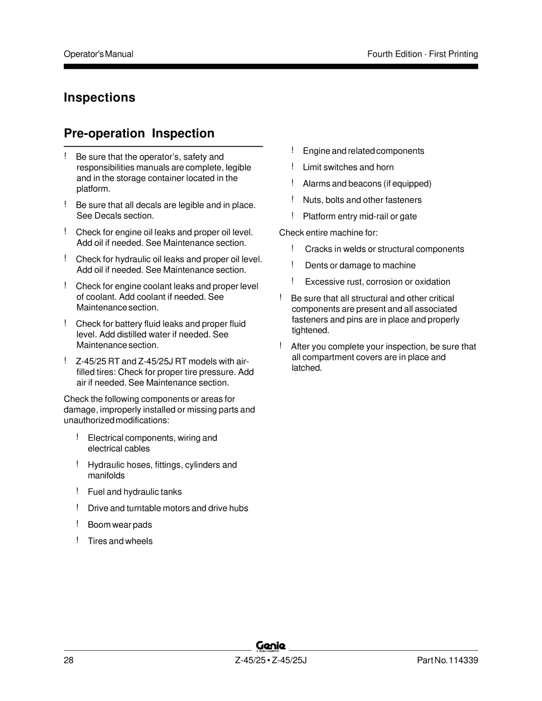 Genie Z-45, Z-25J manual Inspections Pre-operation Inspection 