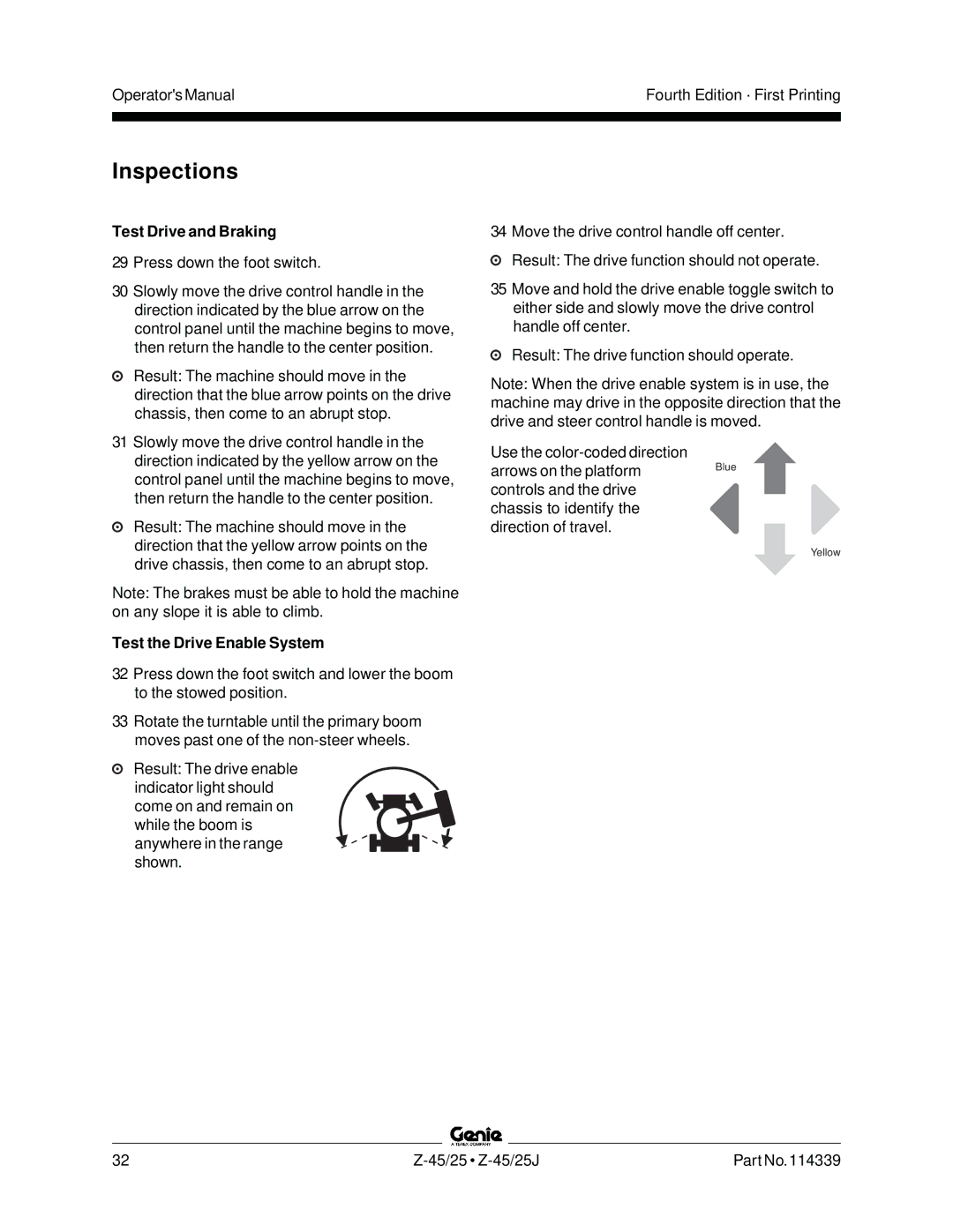 Genie Z-45, Z-25J manual Test Drive and Braking, Test the Drive Enable System 