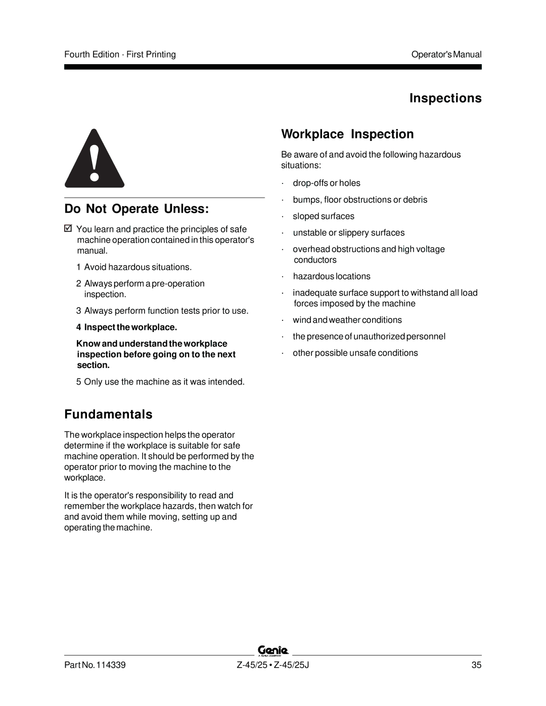 Genie Z-45, Z-25J manual Fundamentals, Inspections Workplace Inspection 