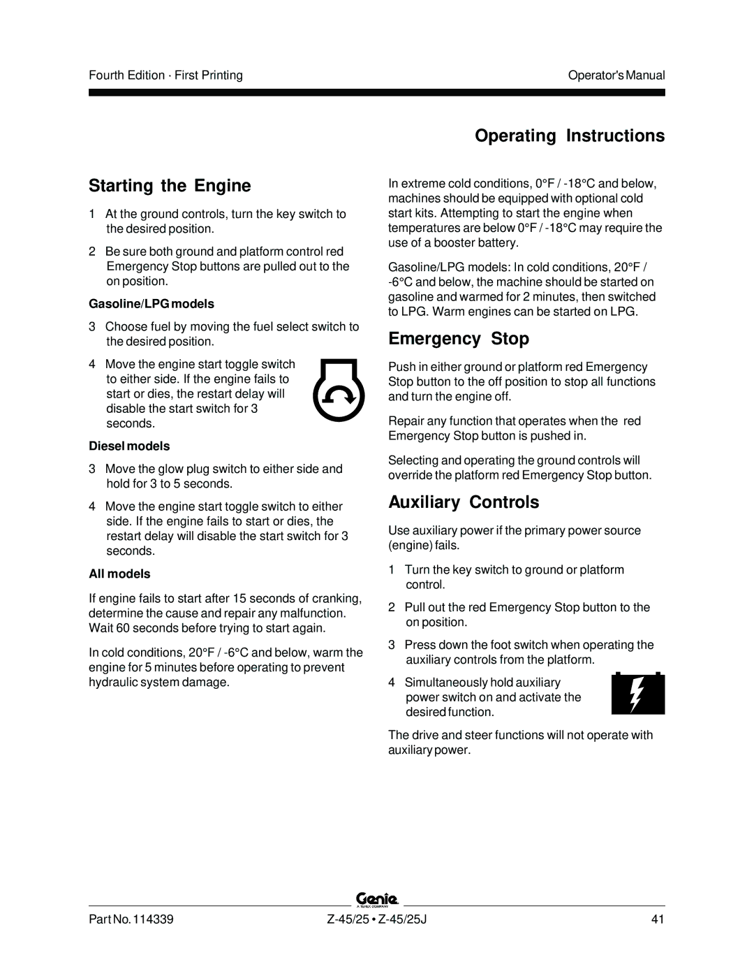 Genie Z-45, Z-25J manual Starting the Engine, Operating Instructions, Emergency Stop, Auxiliary Controls 