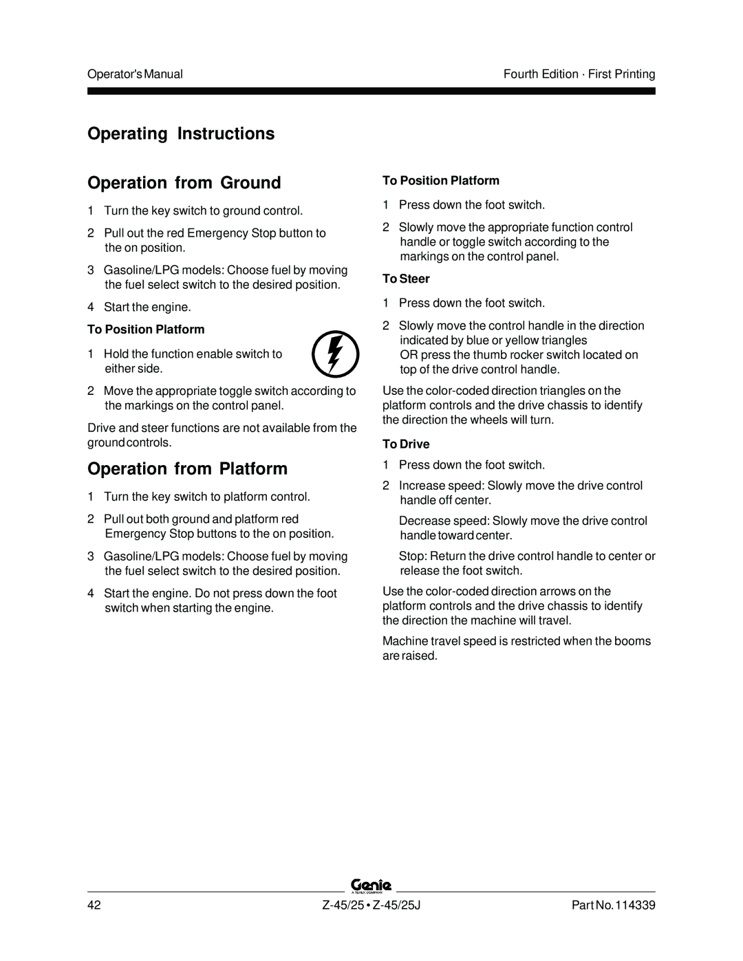 Genie Z-45, Z-25 Operating Instructions Operation from Ground, Operation from Platform, To Position Platform, To Steer 