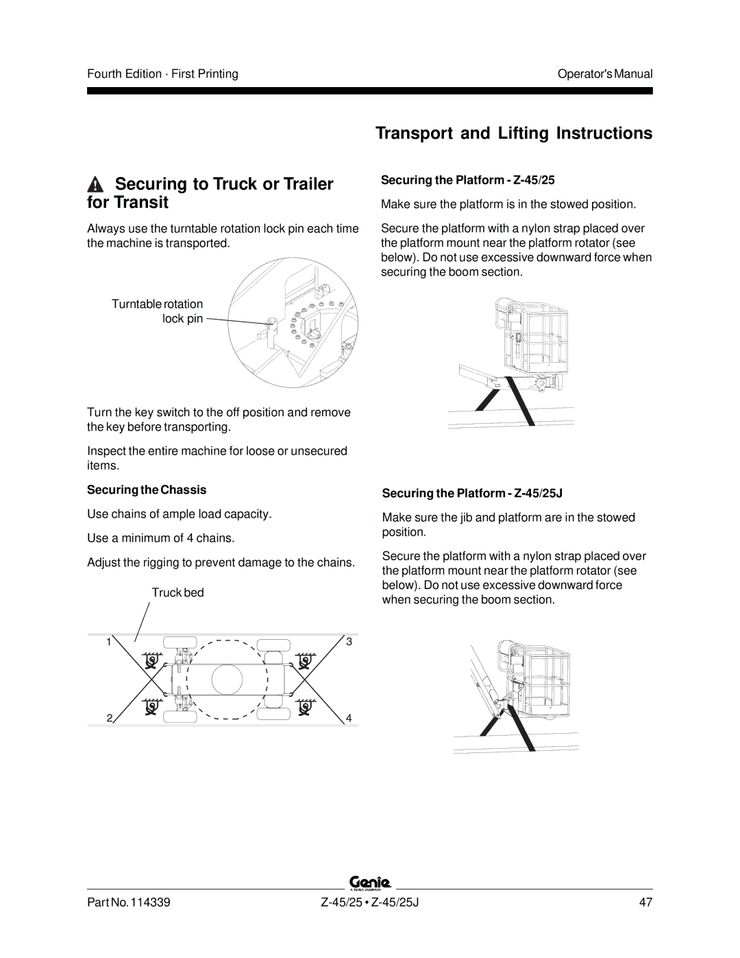 Genie Z-45, Z-25J manual Securing to Truck or Trailer for Transit, Transport and Lifting Instructions, Securing the Chassis 