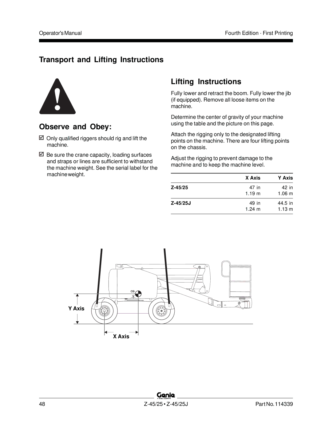 Genie Z-45, Z-25J manual Lifting Instructions, Axis 45/25, 45/25J 