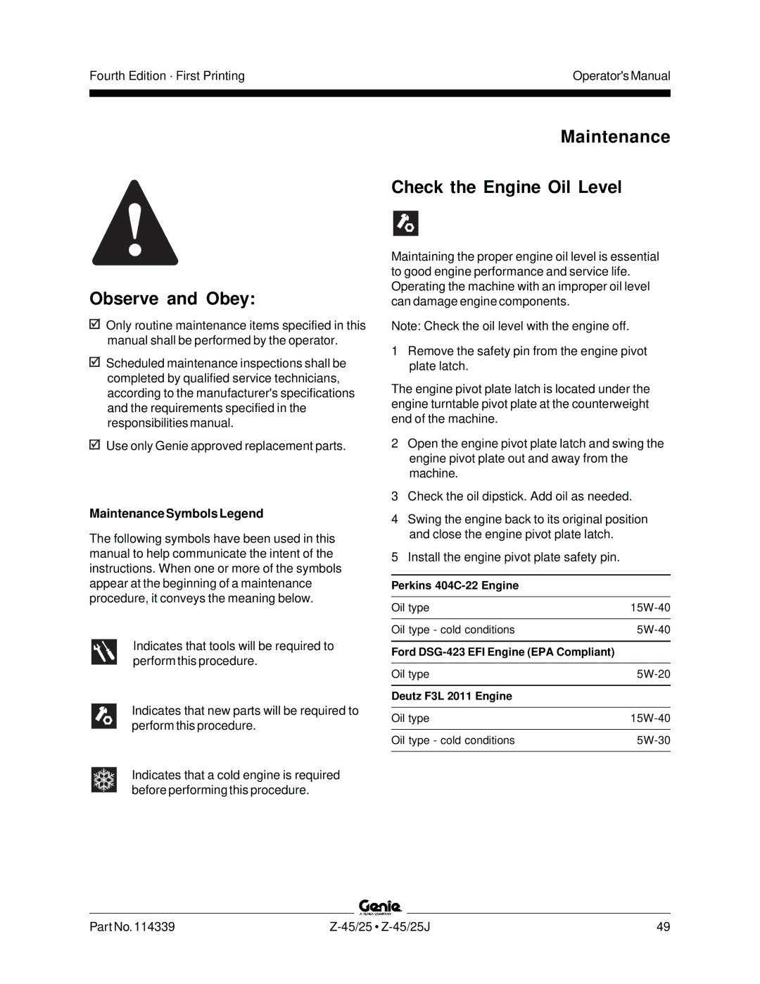 Genie Z-45, Z-25J manual Maintenance Check the Engine Oil Level, Maintenance Symbols Legend, Perkins 404C-22 Engine 