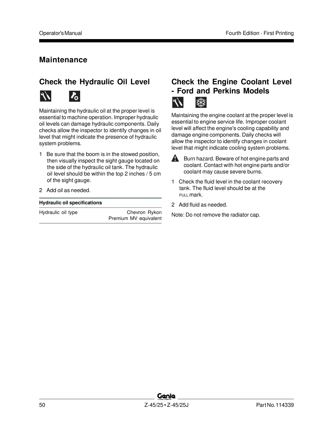 Genie Z-45, Z-25 manual Maintenance Check the Hydraulic Oil Level, Check the Engine Coolant Level Ford and Perkins Models 