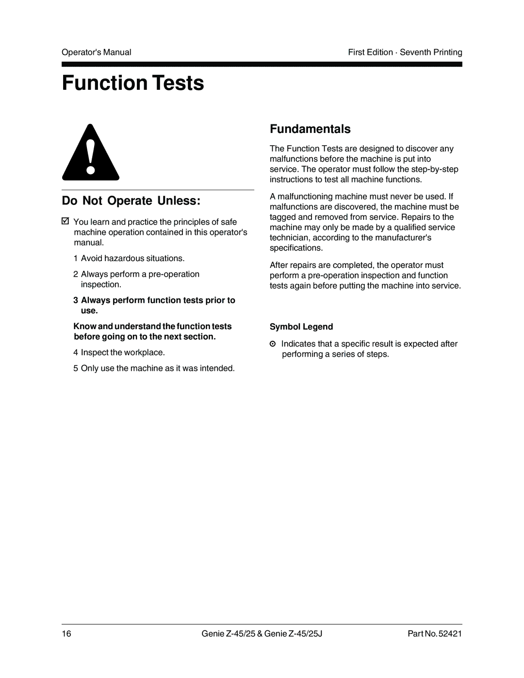 Genie Z-45/25J manual Function Tests, Symbol Legend 