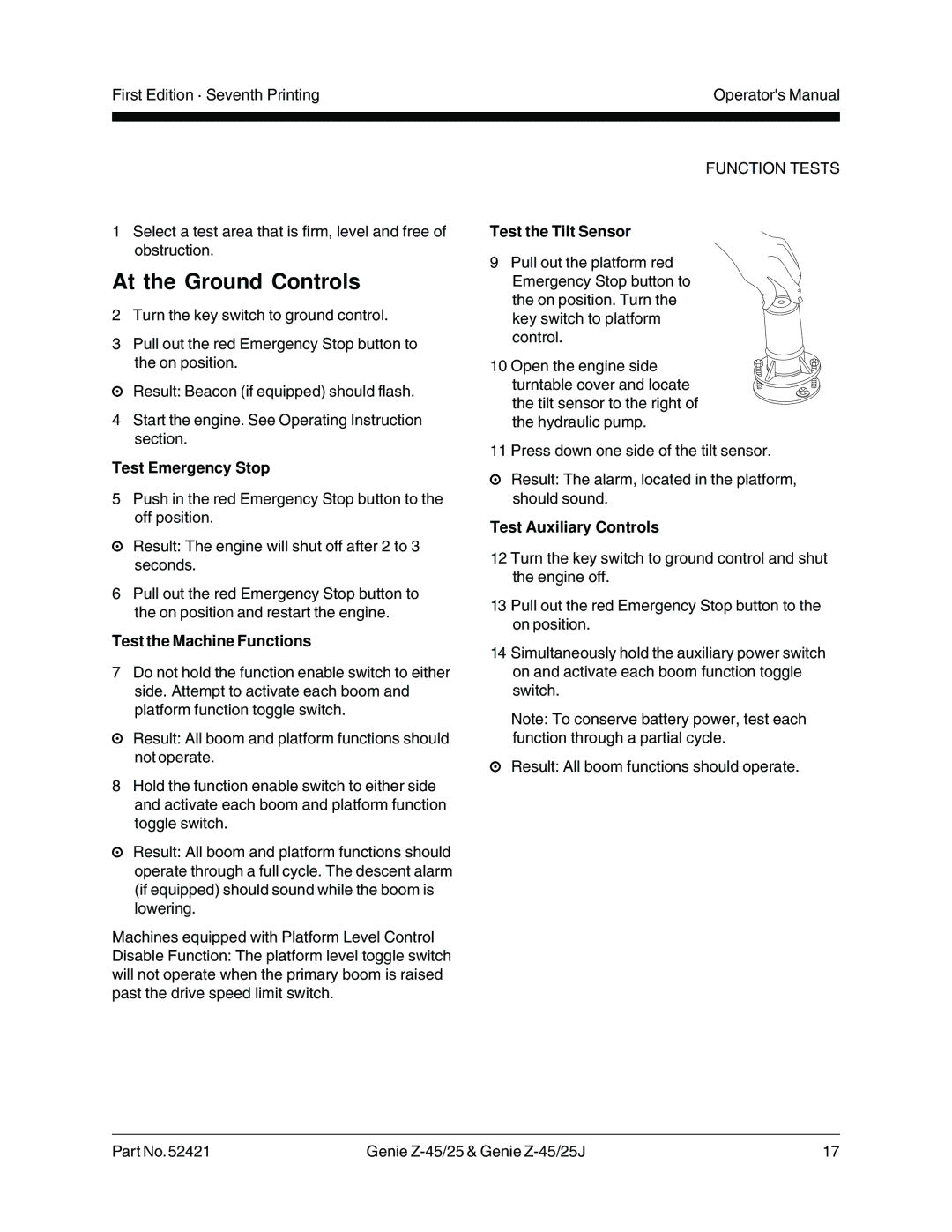 Genie Z-45/25J manual At the Ground Controls, Test Emergency Stop, Test the Machine Functions, Test the Tilt Sensor 