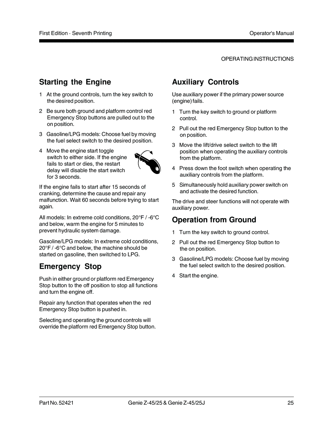 Genie Z-45/25J manual Starting the Engine, Emergency Stop, Auxiliary Controls, Operation from Ground 