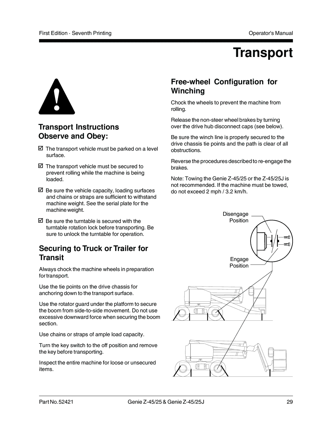 Genie Z-45/25J manual Transport Instructions Observe and Obey, Securing to Truck or Trailer for Transit 