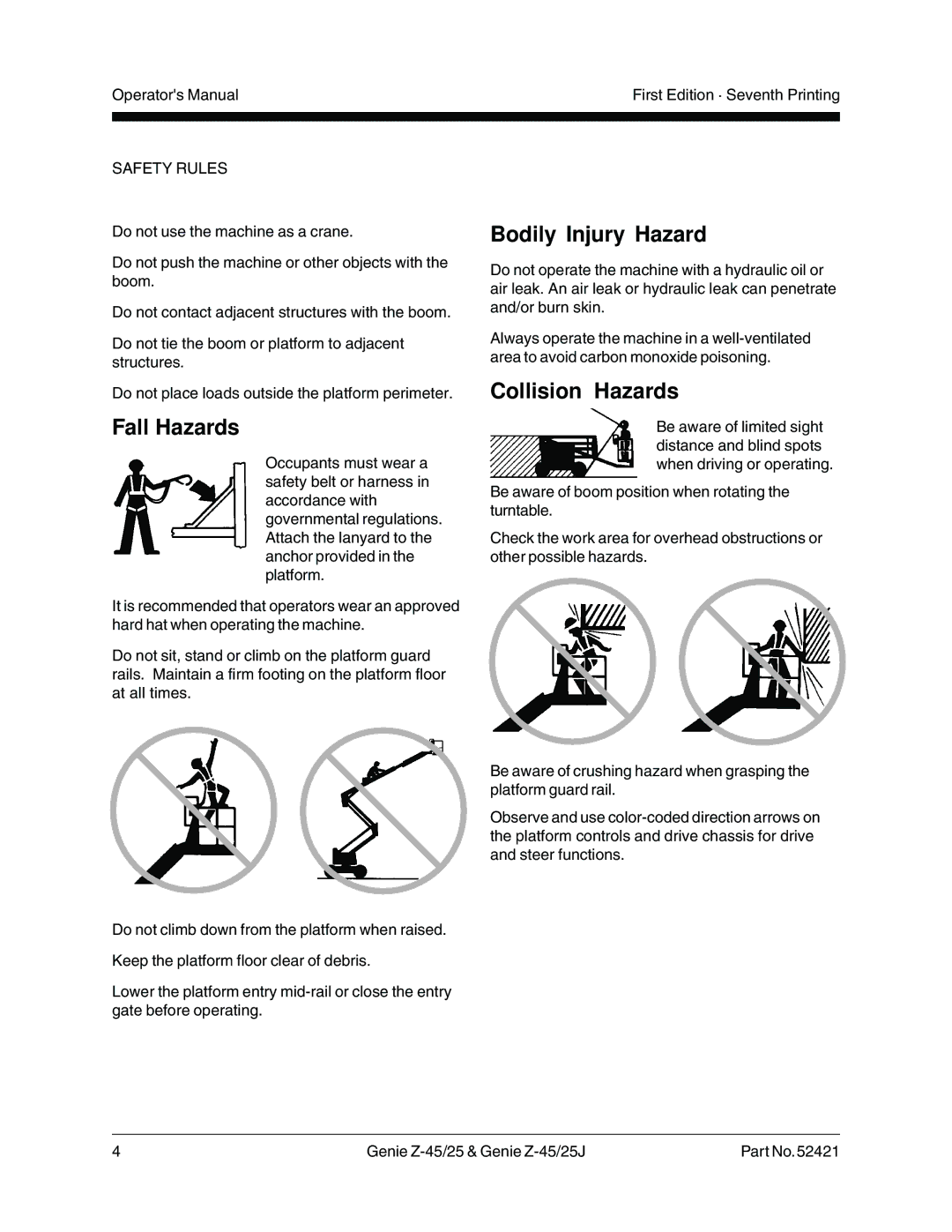 Genie Z-45/25J manual Fall Hazards, Bodily Injury Hazard, Collision Hazards 