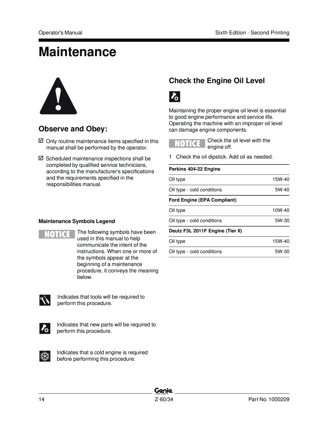 Genie Z-60, Z-34 manual Observe and Obey, Check the Engine Oil Level, Maintenance Symbols Legend 