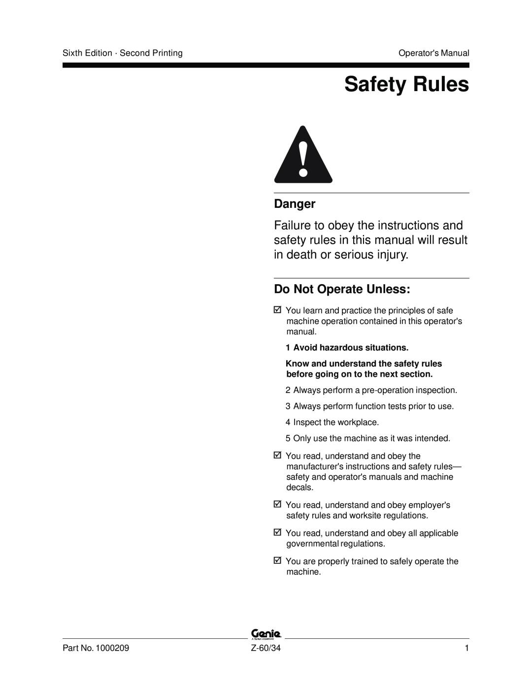 Genie Z-60, Z-34 manual Safety Rules, Danger, Do Not Operate Unless, Avoid hazardous situations 