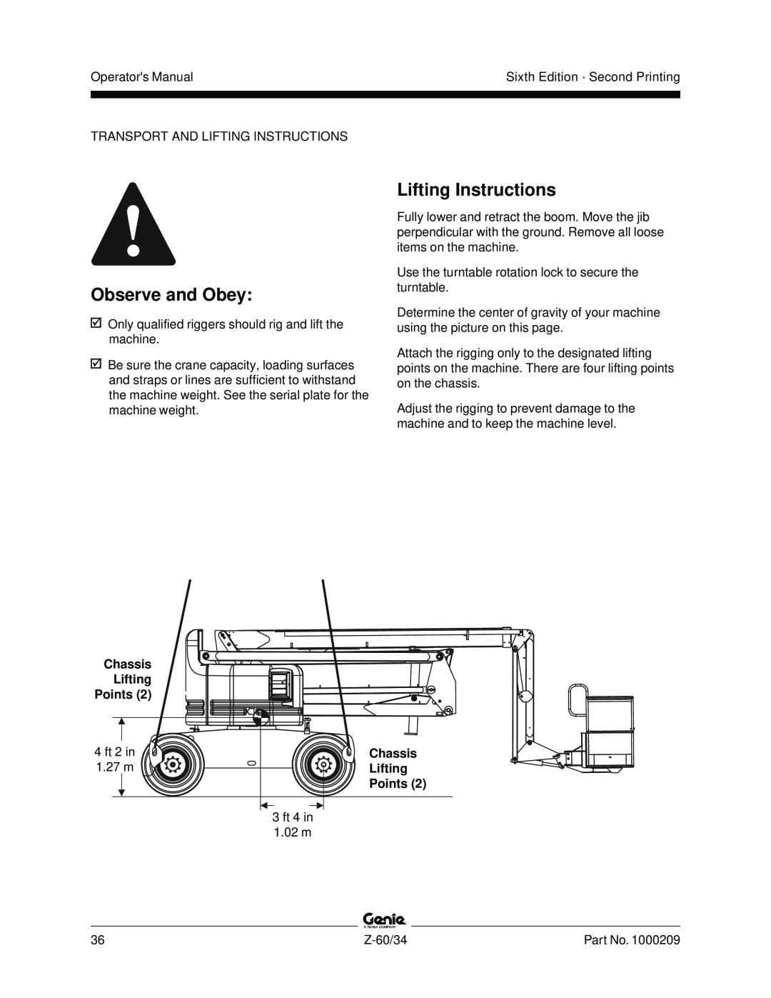 Genie Z-60, Z-34 manual Lifting Instructions, Chassis Lifting Points, Observe and Obey 
