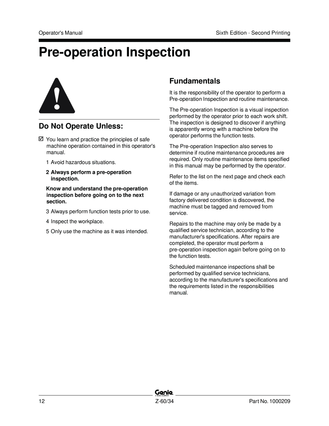 Genie Z-60, Z-34 manual Pre-operation Inspection, Fundamentals 