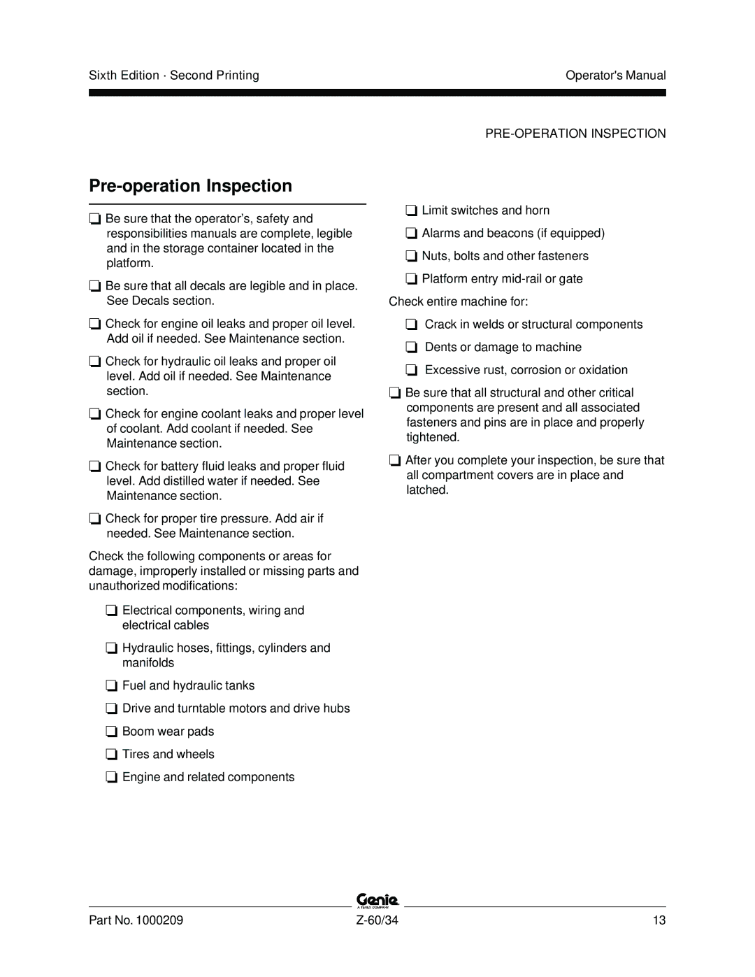 Genie Z-60, Z-34 manual Pre-operation Inspection, PRE-OPERATION Inspection 