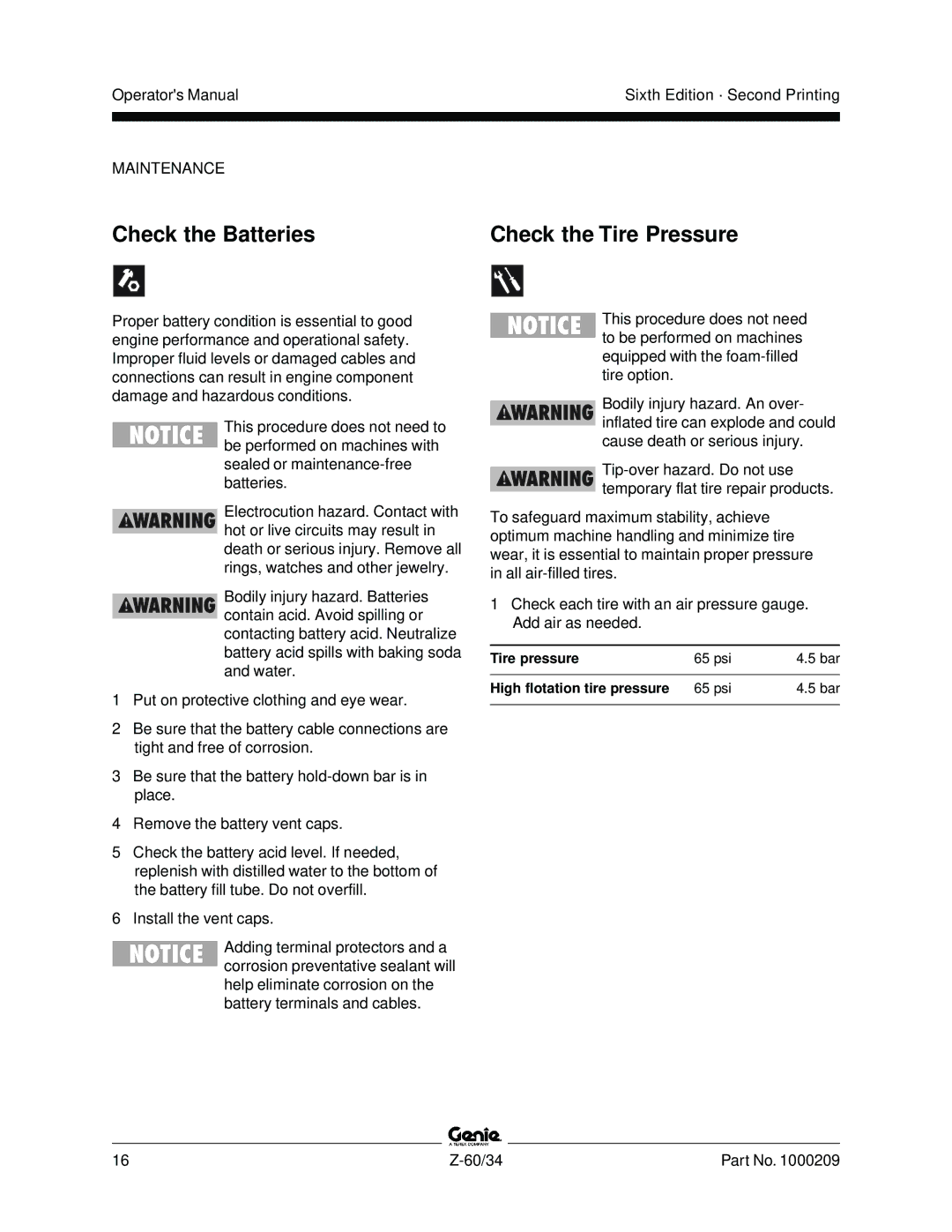 Genie Z-60, Z-34 manual Check the Batteries, Check the Tire Pressure 
