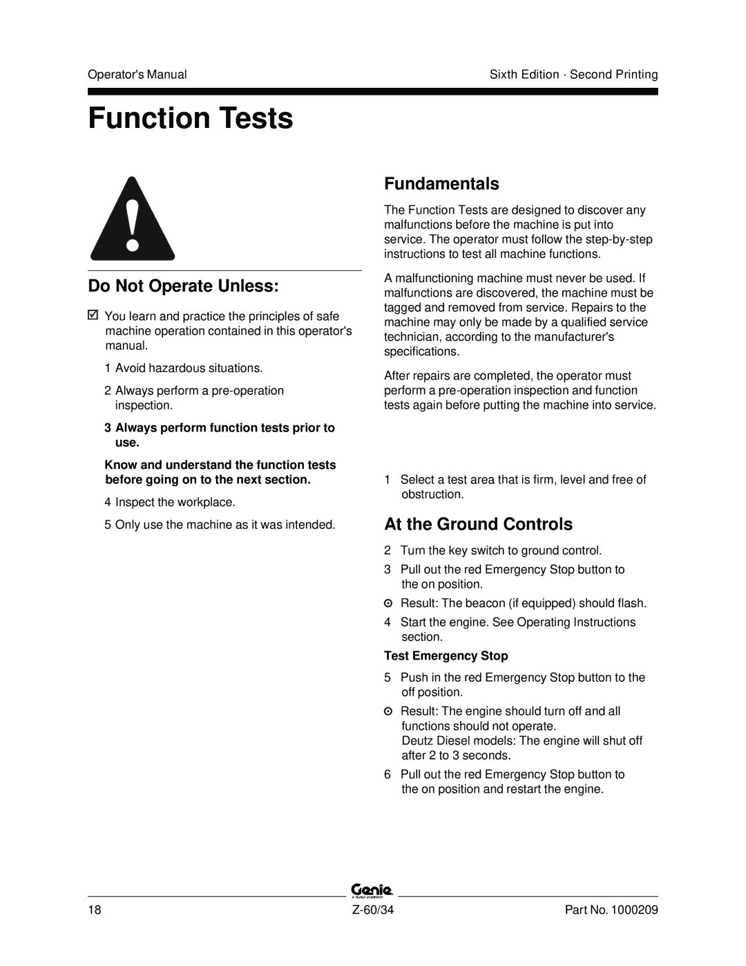 Genie Z-60, Z-34 manual Function Tests, At the Ground Controls, Test Emergency Stop 