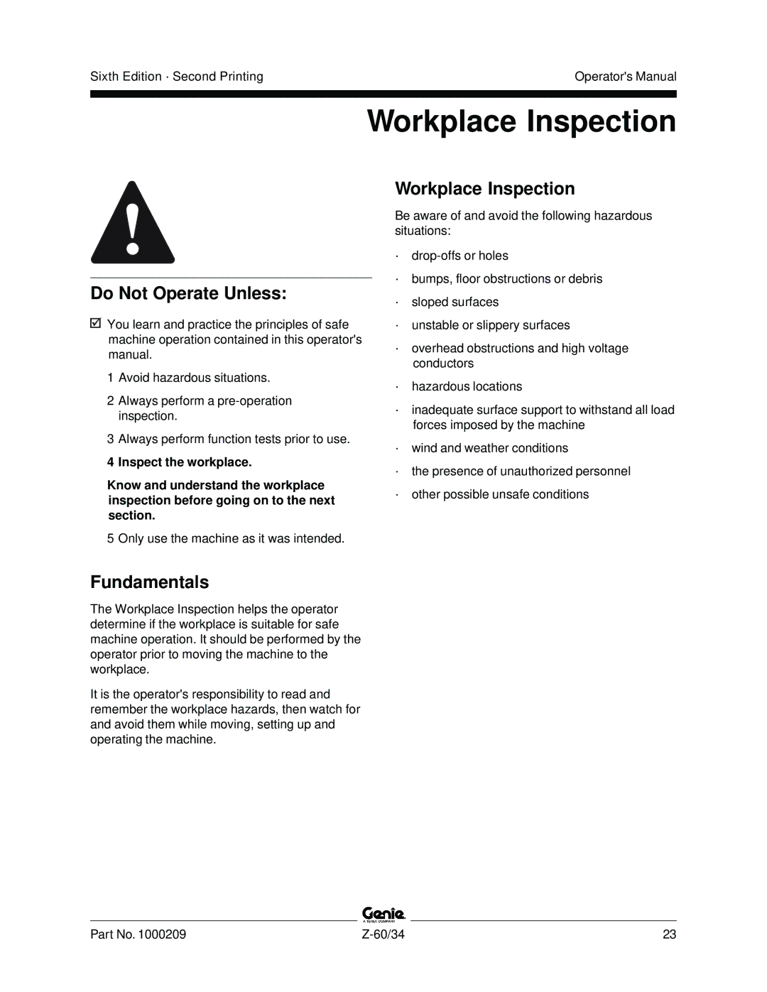 Genie Z-60, Z-34 manual Workplace Inspection 