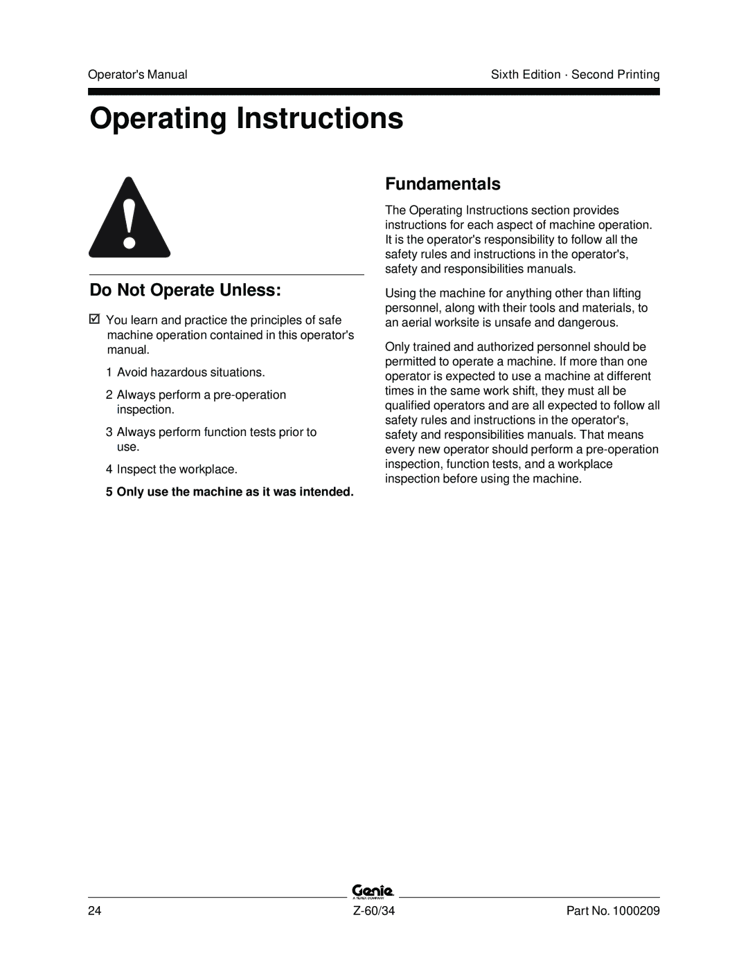 Genie Z-60, Z-34 manual Operating Instructions, Only use the machine as it was intended 