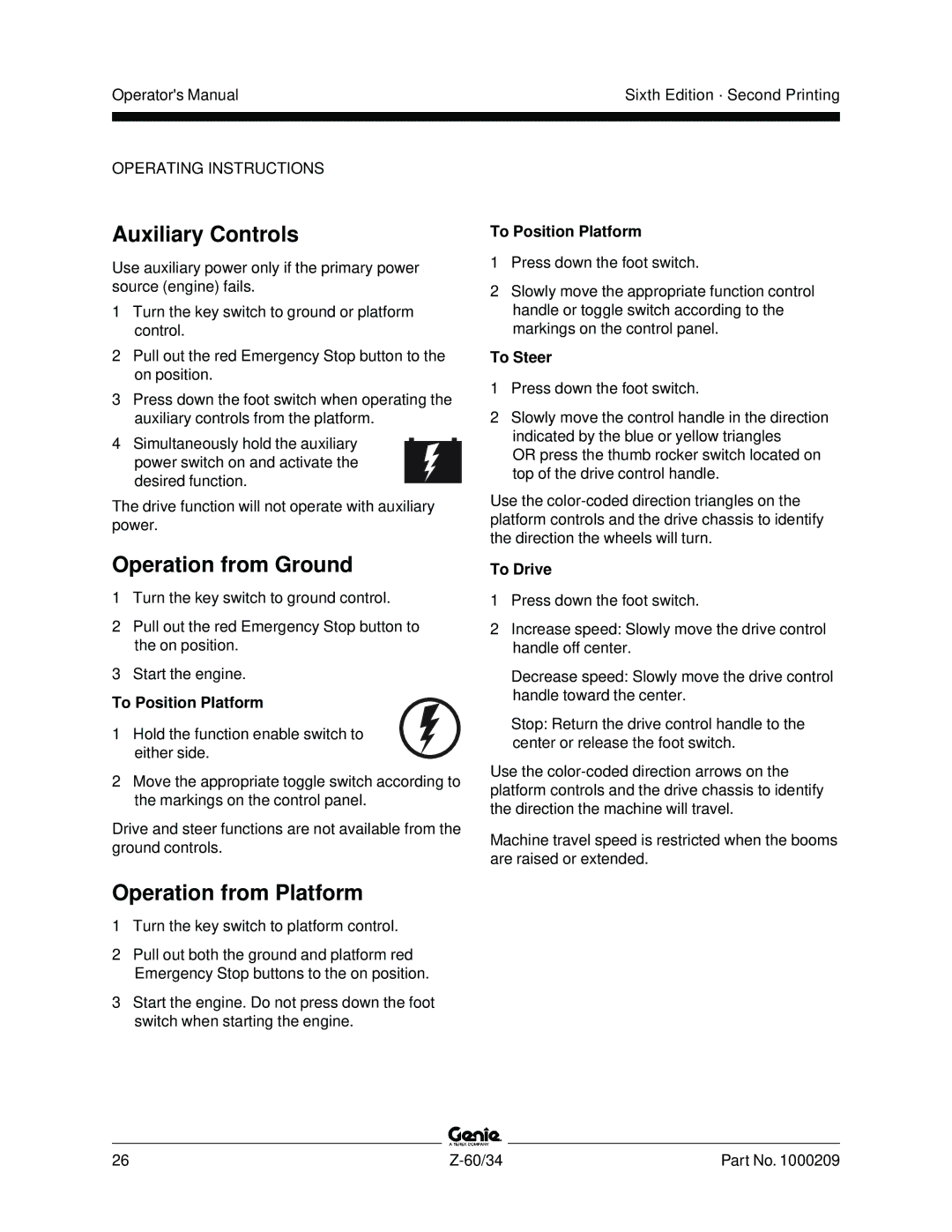 Genie Z-60, Z-34 manual Auxiliary Controls, Operation from Ground, Operation from Platform 
