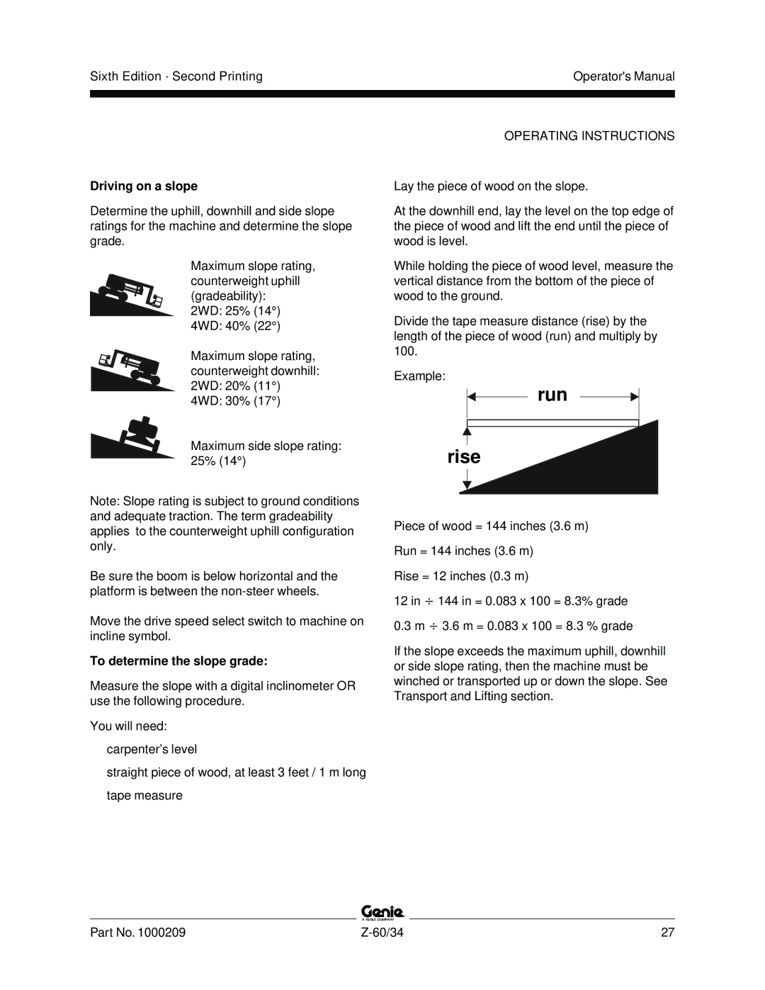 Genie Z-60, Z-34 manual Driving on a slope, To determine the slope grade 