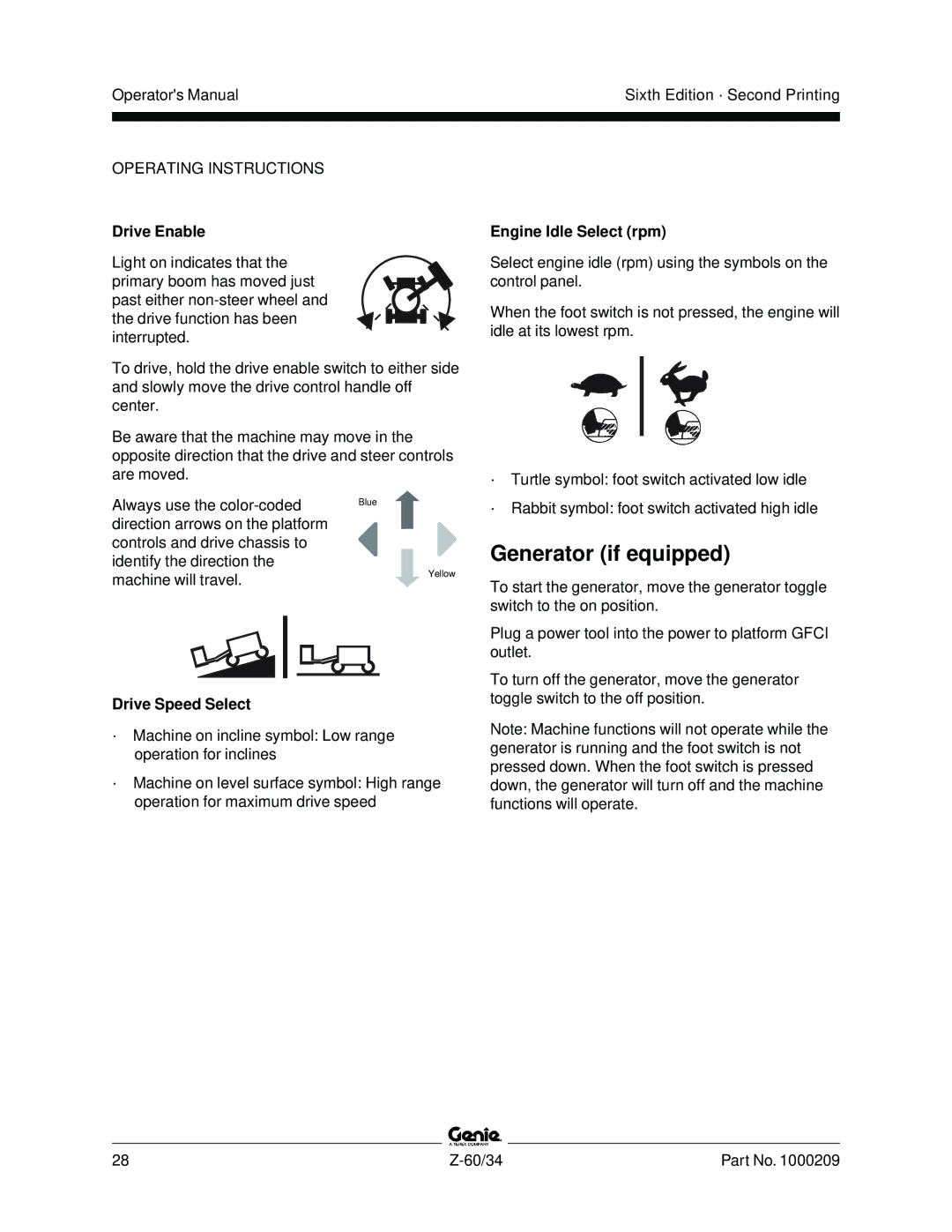 Genie Z-60, Z-34 manual Generator if equipped, Drive Enable, Drive Speed Select, Engine Idle Select rpm 