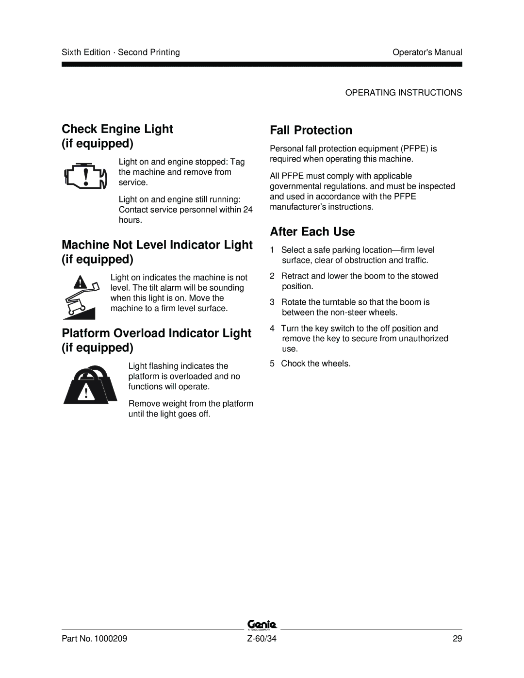 Genie Z-60, Z-34 manual Check Engine Light if equipped, Machine Not Level Indicator Light if equipped, Fall Protection 