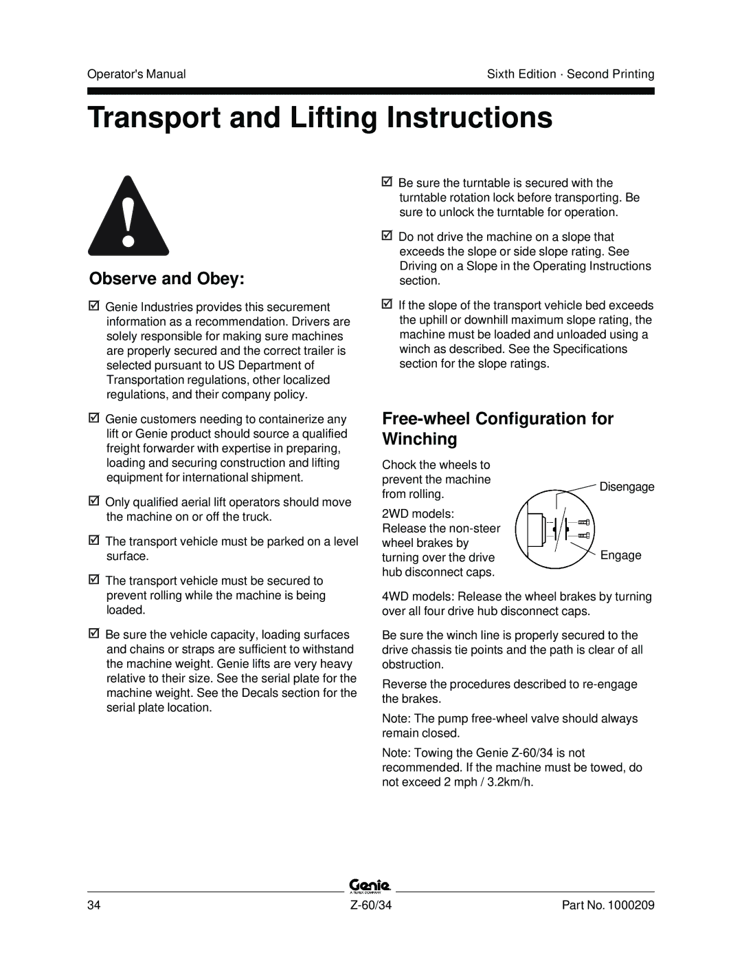 Genie Z-60, Z-34 manual Transport and Lifting Instructions, Free-wheel Configuration for Winching 