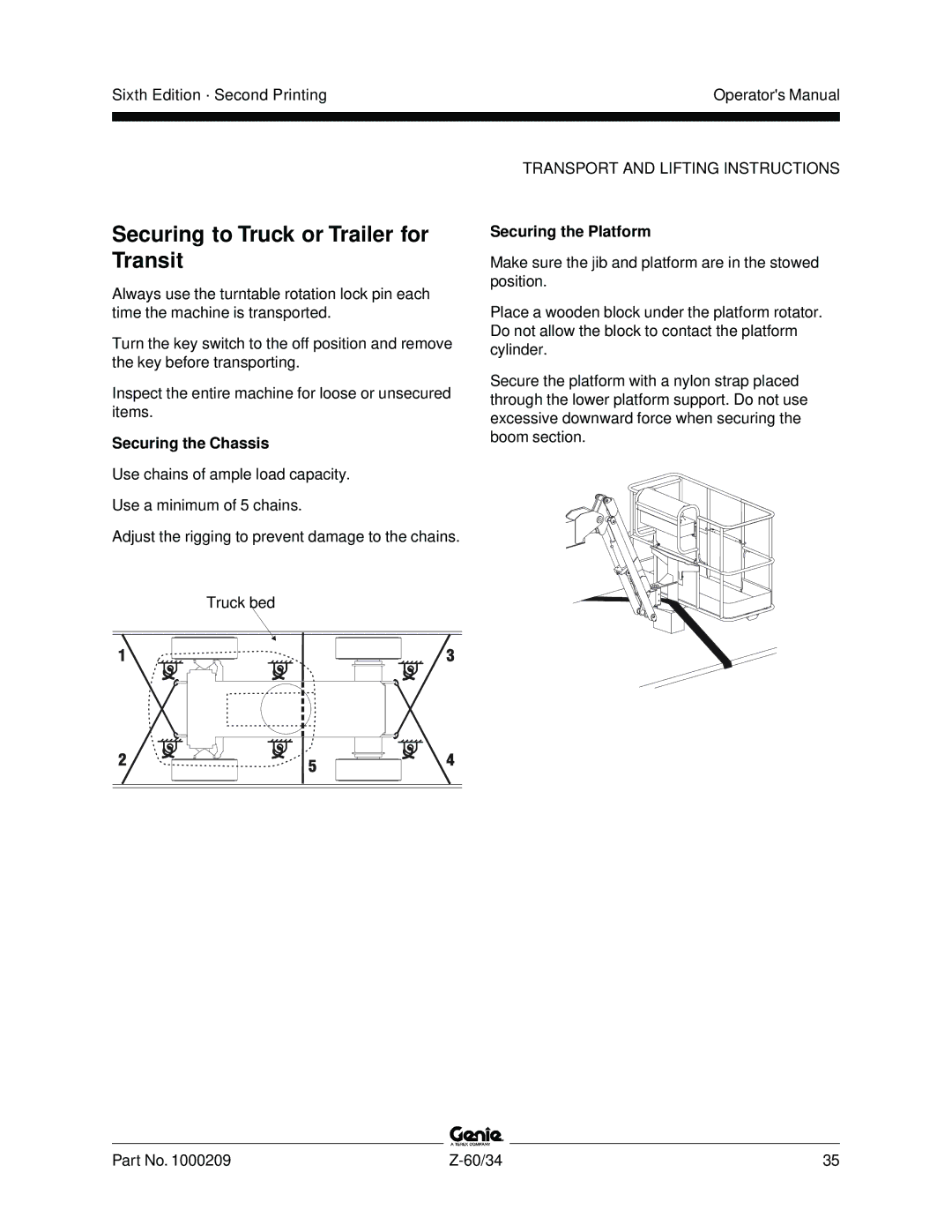 Genie Z-60, Z-34 manual Securing to Truck or Trailer for Transit, Securing the Chassis, Securing the Platform 