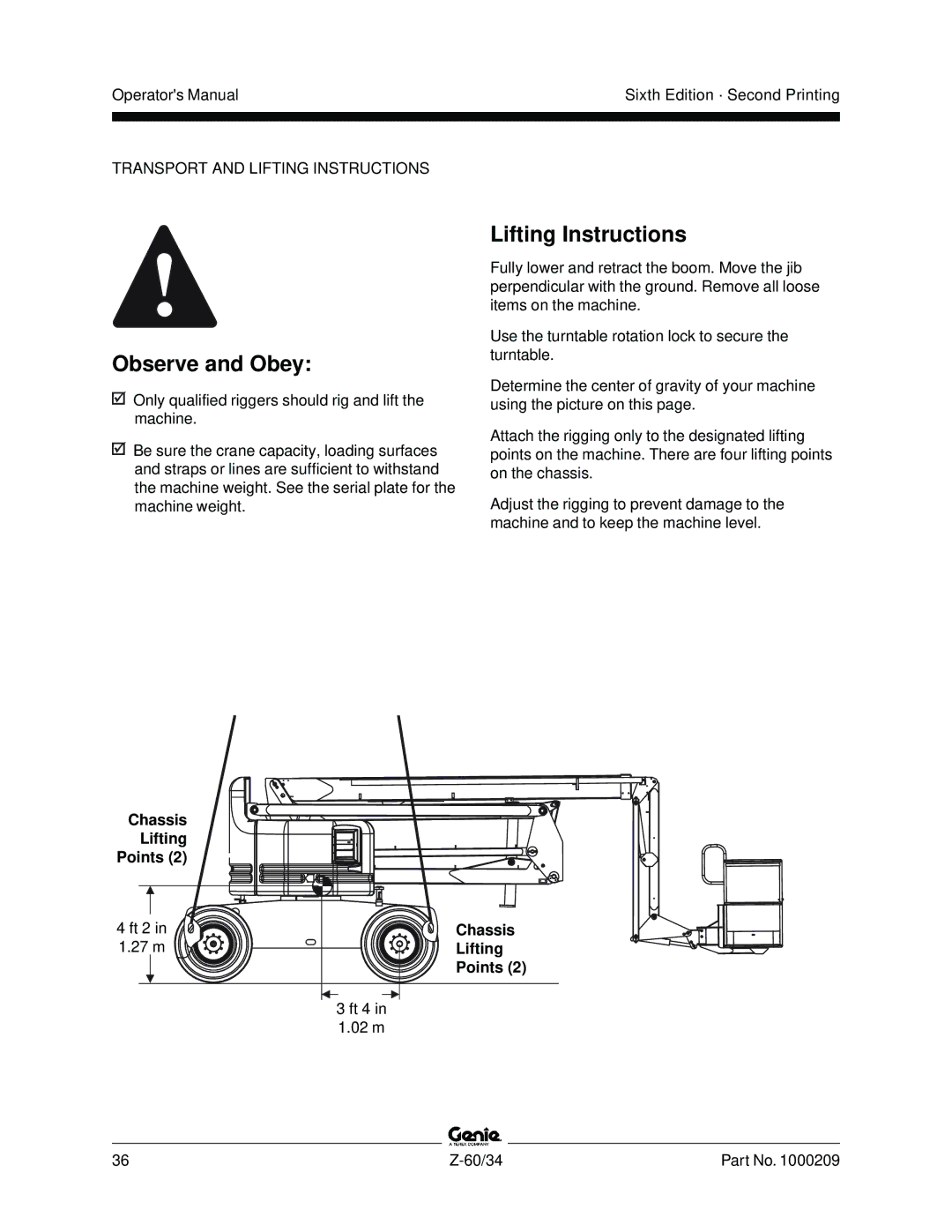 Genie Z-60, Z-34 manual Lifting Instructions, Chassis Lifting Points 