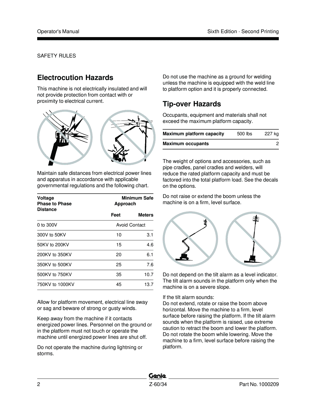 Genie Z-60, Z-34 manual Electrocution Hazards, Tip-over Hazards 