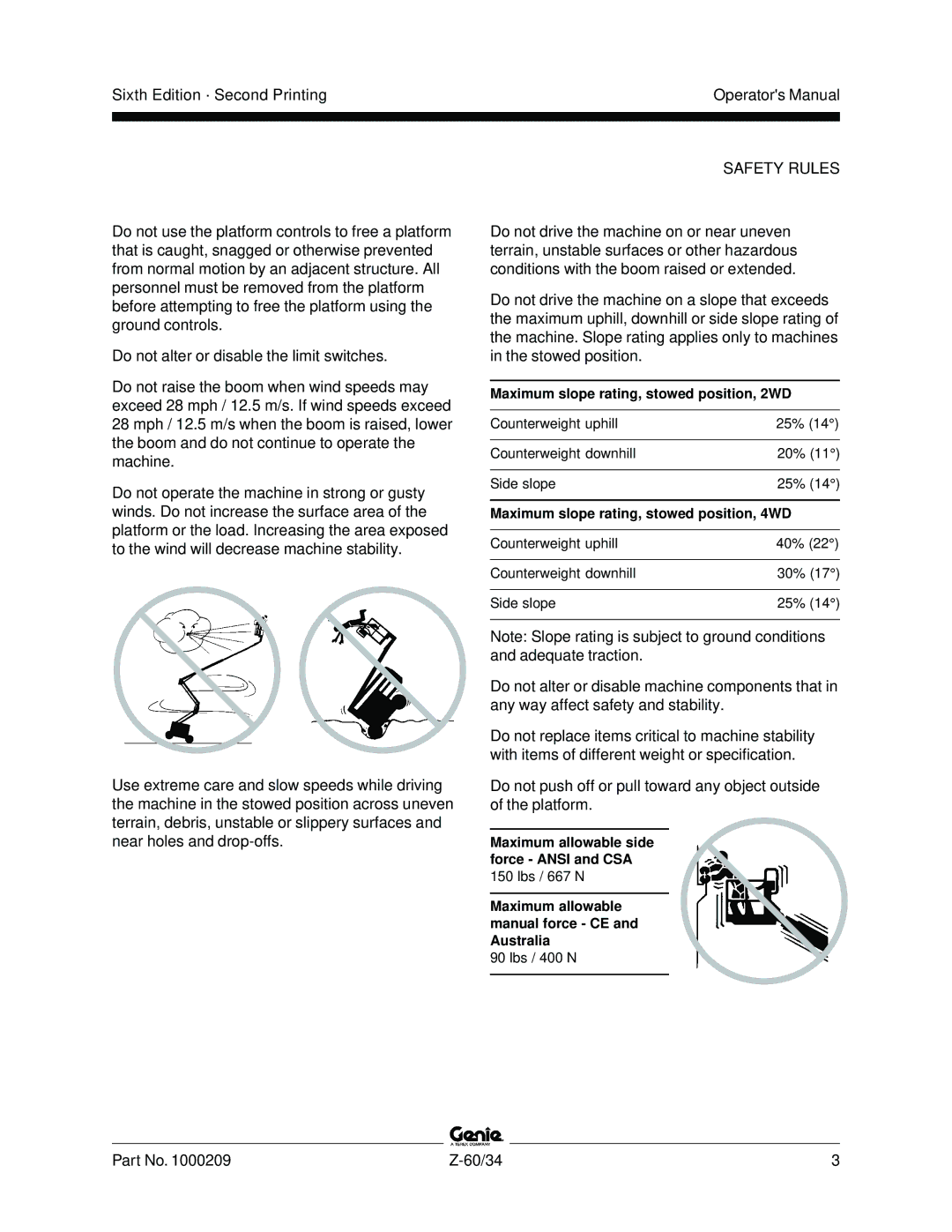 Genie Z-60, Z-34 manual Maximum slope rating, stowed position, 2WD 