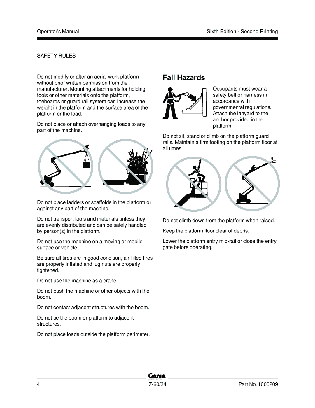 Genie Z-60, Z-34 manual Fall Hazards 